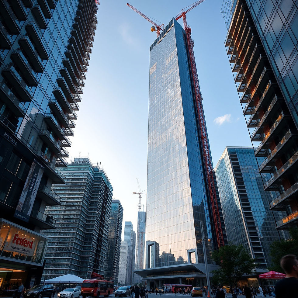 Tall skyscraper with cranes under construction, surrounded by other buildings in a busy city street. Clear sky, modern urban setting.