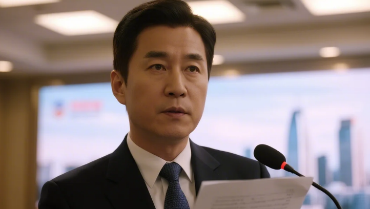 Man in a suit speaking into a microphone, holding papers. Neutral expression. Blurred cityscape in the background, bright indoor lighting.