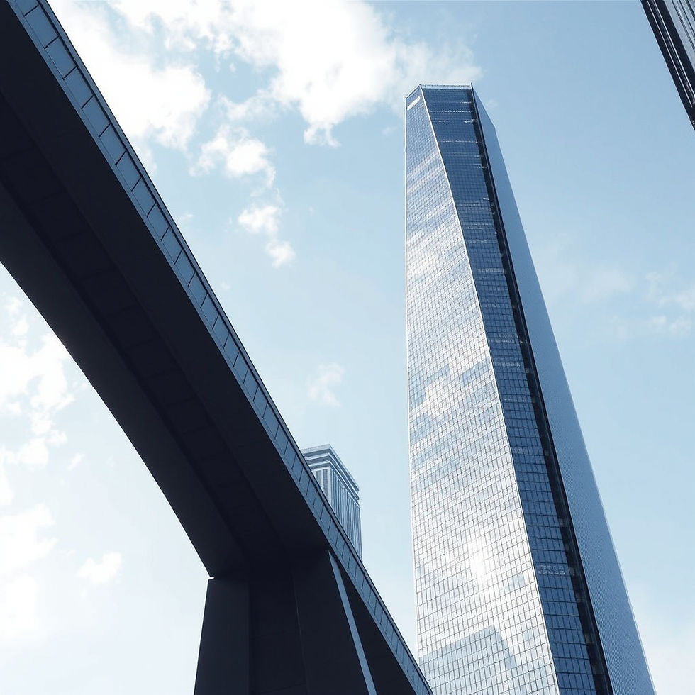 Skyscraper and bridge against a blue sky with clouds. Tall glass building reflects light, creating a modern, serene urban scene.