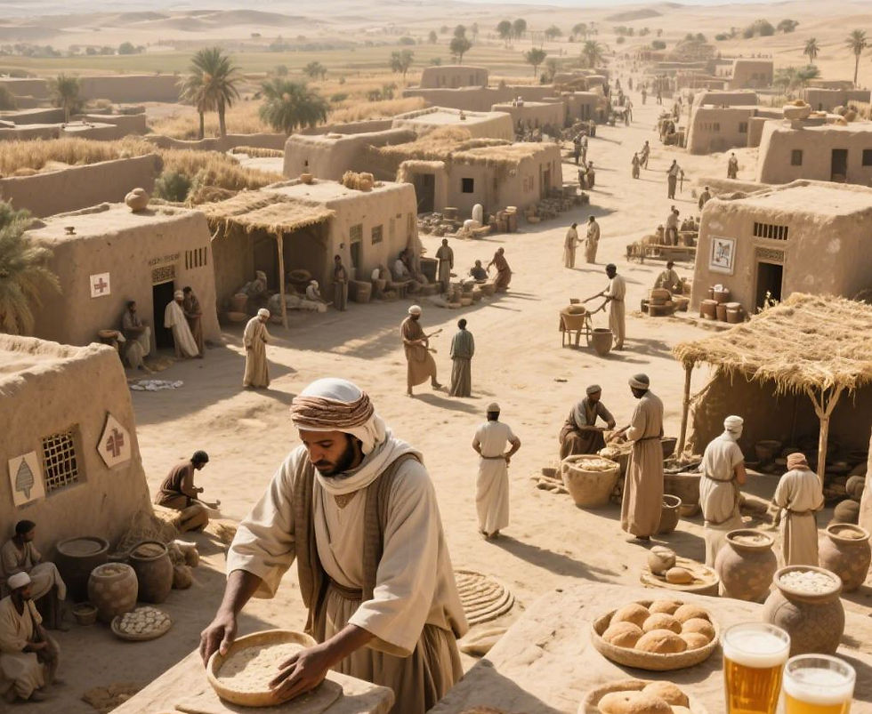 People in traditional attire engage in daily activities in a desert village. Mud huts, woven roofs, and pottery set a warm, historical scene.
