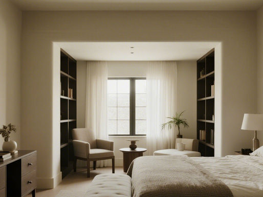 Cozy bedroom with a bed, soft lighting, beige walls, a window with curtains, bookshelves, and a nightstand with a lamp, creating a serene mood.
