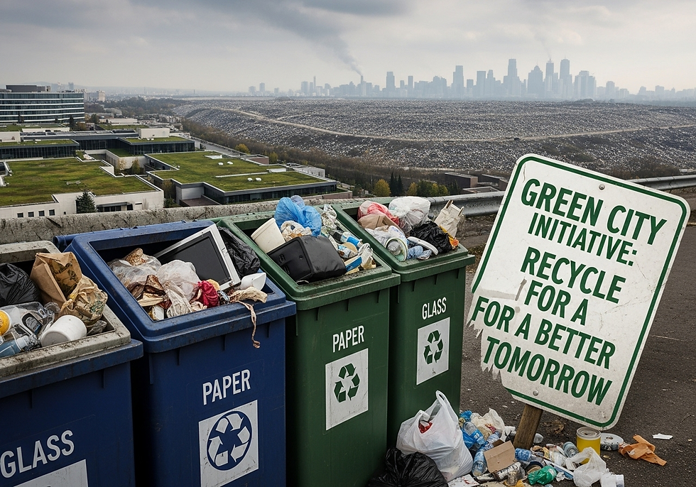 Overflowing recycling bins labeled "Paper" and "Glass" with trash spill onto street. A sign reads "Green City Initiative." City skyline in background.