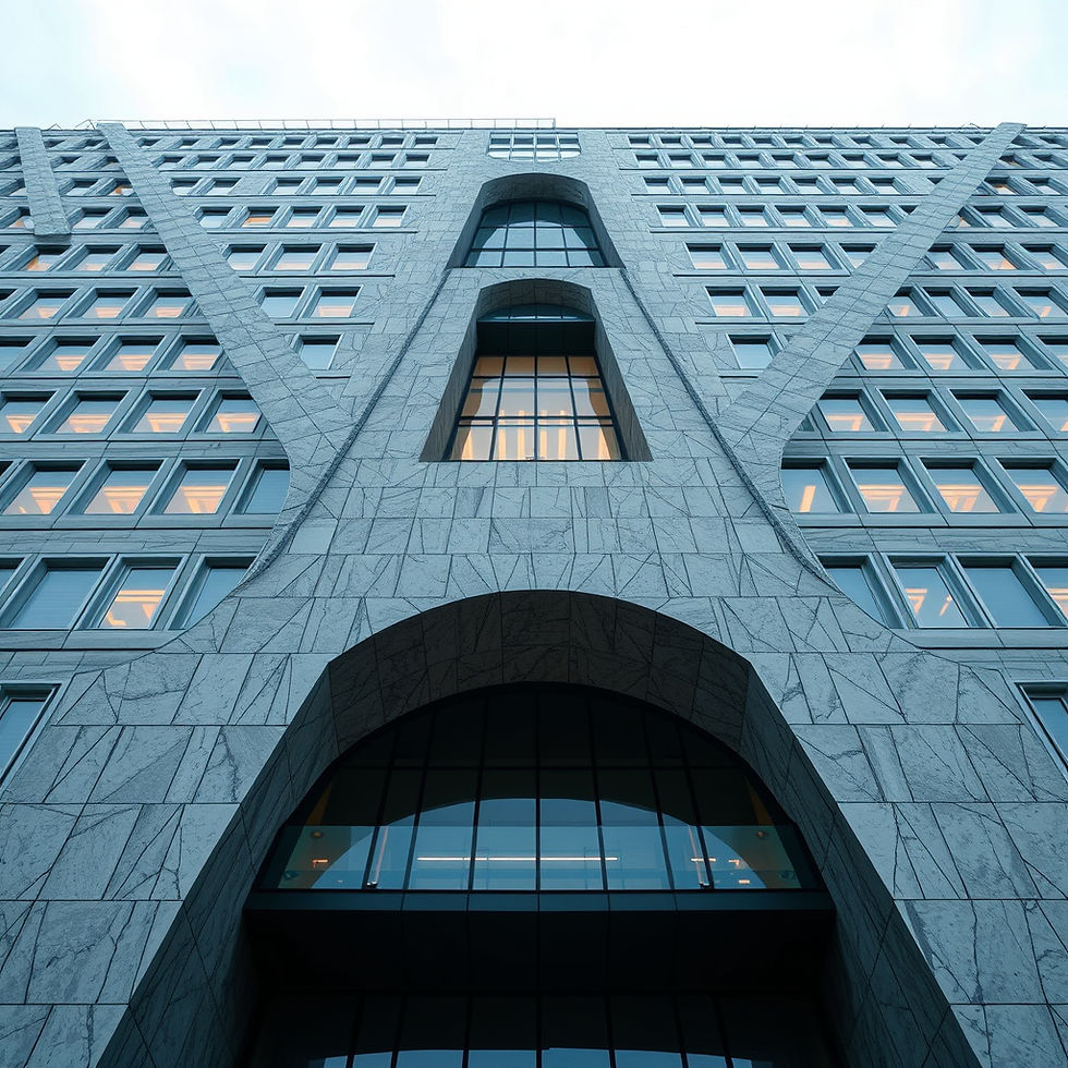 Low-angle view of a gray patterned skyscraper facade with symmetrical windows and archways, lit with warm interior lights, under a cloudy sky.