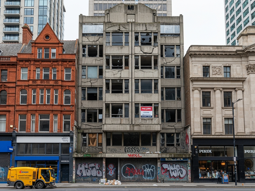 Urban street with diverse architecture: a dilapidated, graffiti-covered building flanked by red brick and ornate structures; yellow truck passing.
