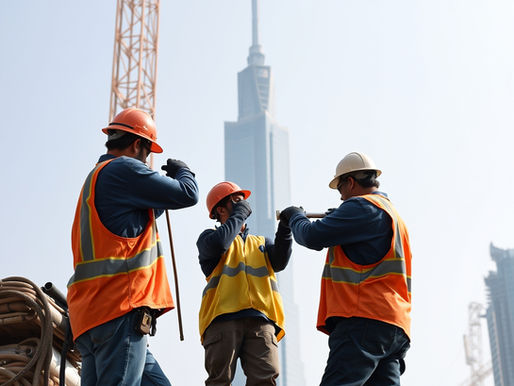 Construction workers in orange and yellow vests discuss work on a site. Skyscraper and cranes in the hazy background. Daytime setting.
