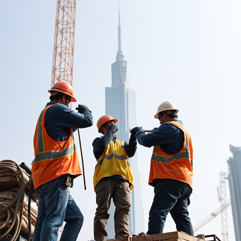 Construction workers in orange and yellow vests discuss work on a site. Skyscraper and cranes in the hazy background. Daytime setting.