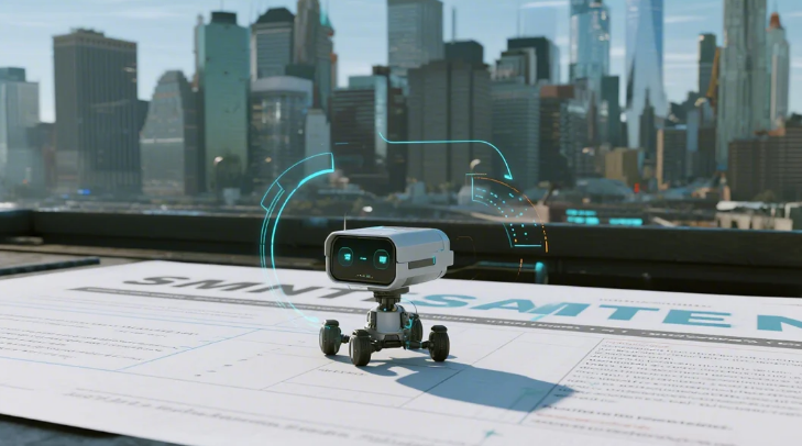A small robot on a document with "SINTESAITEN" text, overlooking a city skyline. The robot has digital blue accents and a futuristic feel.