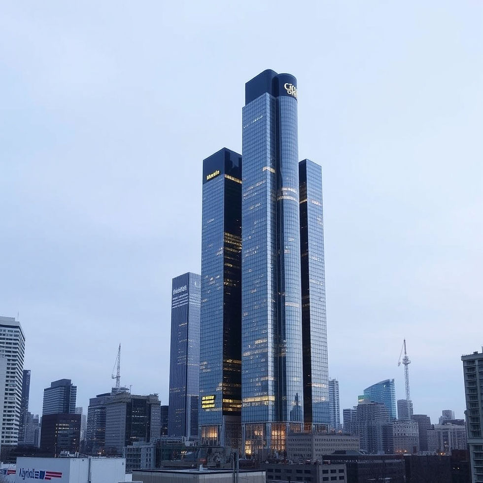 Tall glass skyscrapers against a cloudy sky with some cranes in the background. Buildings have visible company logos, creating an urban mood.