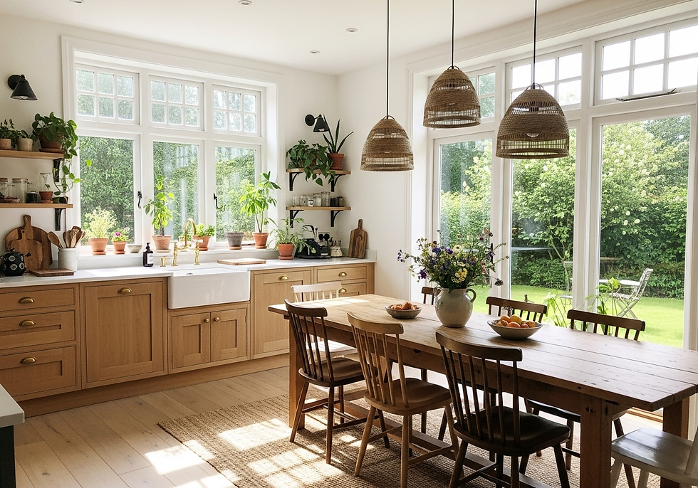 Bright kitchen with wooden cabinets and a rustic table. Green plants on shelves, and large windows reveal a sunny garden. Cozy and inviting.