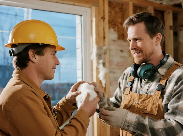 Two construction workers, one in a yellow hard hat, smile while holding insulation material in a sunlit interior under construction.