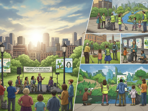 People in a park engage in clean-up and community event. "Green City Initiative" banner present. City skyline and greenery in background.