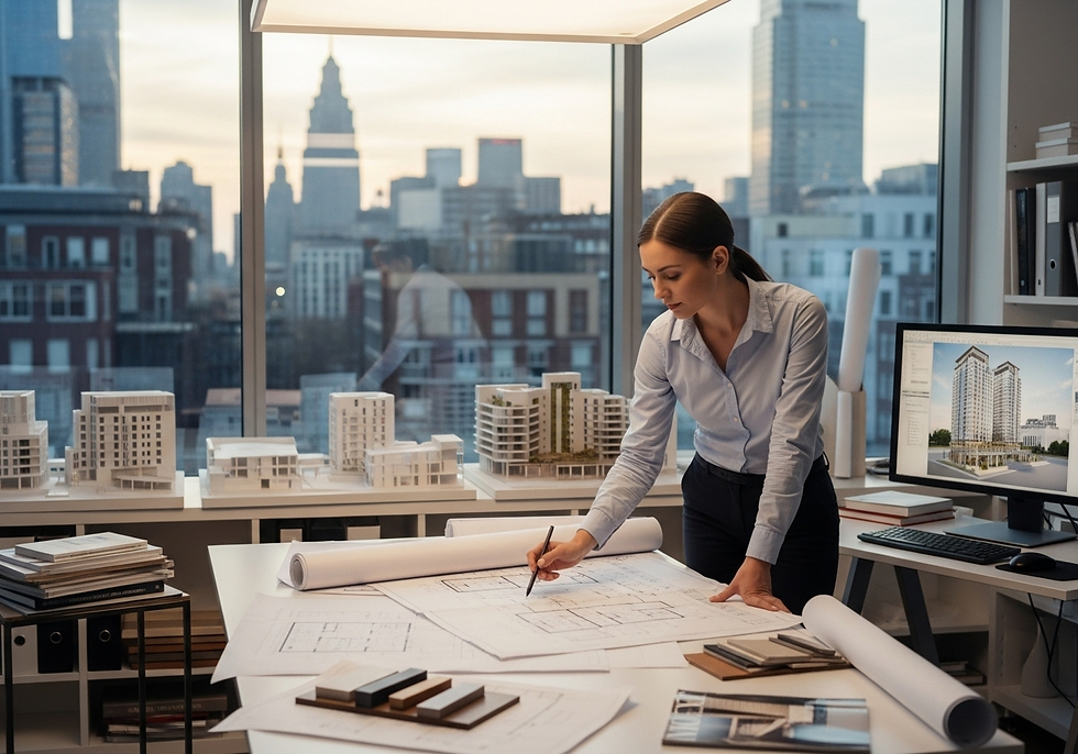 Architect in an office studies blueprints on a table, surrounded by building models. City skyline visible through large windows.