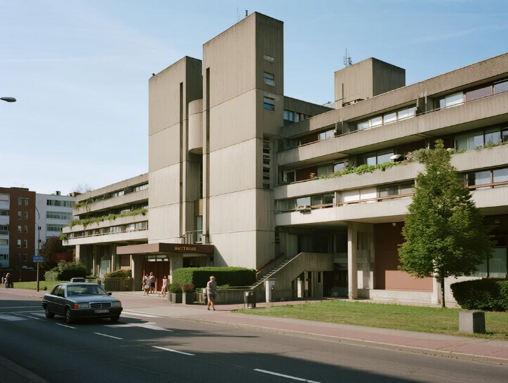 Brutalist building with "Rathaus" sign, people walking, car on the street, clear sky. Urban setting, greenery, sunny day.