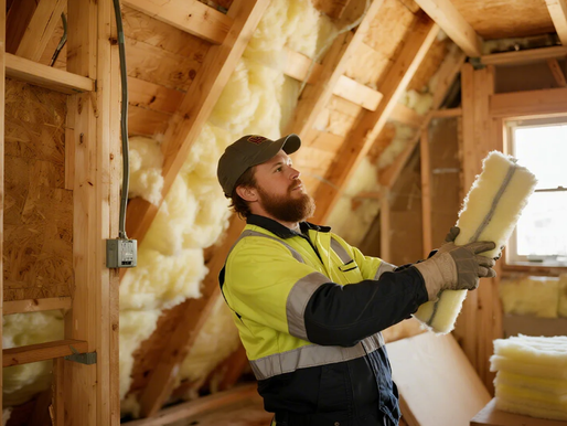 Man in a yellow jacket installs insulation in a wooden attic, holding a roll of yellow fiberglass. Sunlight filters through a window.