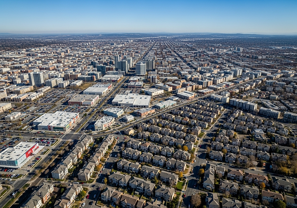 Aerial view of a sprawling cityscape with a grid-like pattern of houses, roads, and tall buildings. Clear sky and distant horizon.