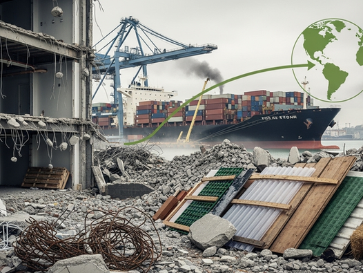 Crumbling building and debris in foreground, cargo ship with containers in port. Overhead, a globe with an arrow. Smoky, industrial mood.