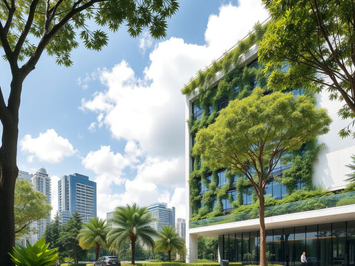 Green building with vertical garden and trees in foreground. Car parked nearby. Skyscrapers in background under blue sky with clouds.