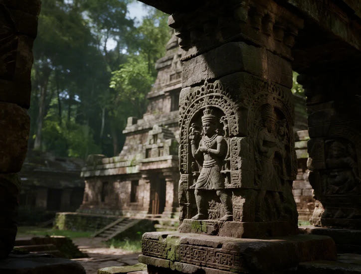 Ancient stone pillar with intricate carvings in a temple ruin, surrounded by dense forest. Sunlight filters through trees, creating a serene mood.