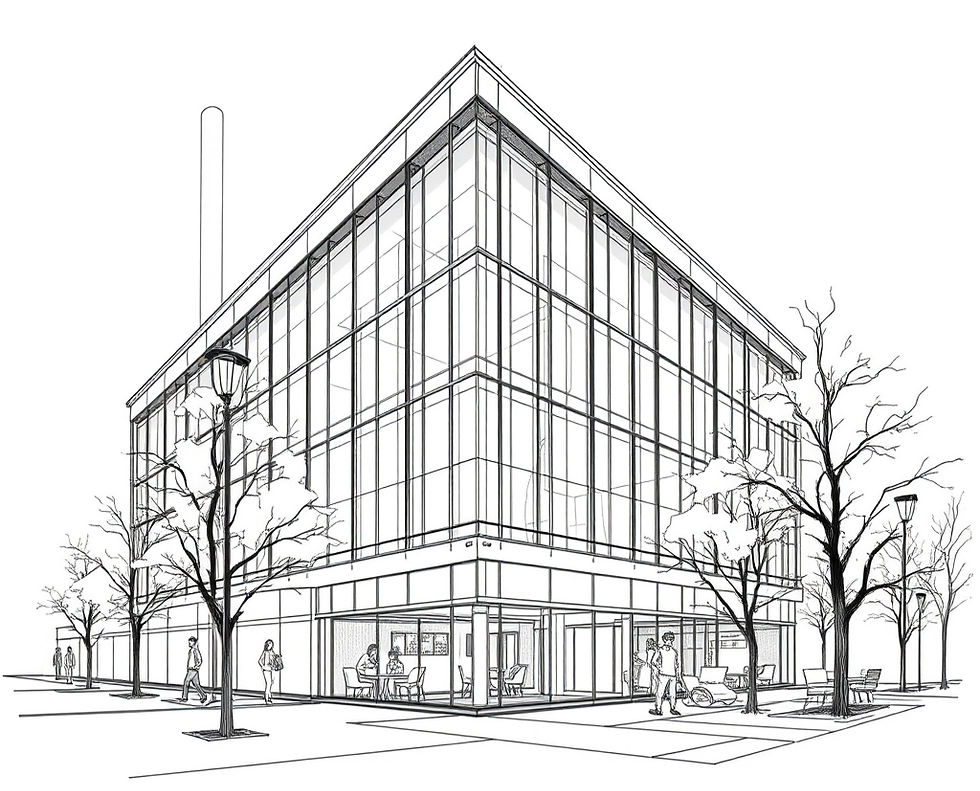 Line drawing of a modern glass building with people walking and cycling outside. Leafless trees and streetlamps line the sidewalk.