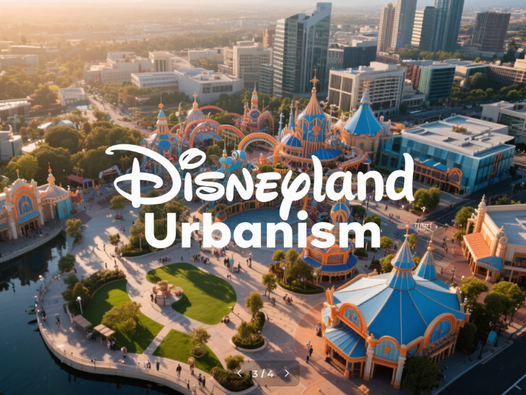 Colorful Disneyland-themed park with vibrant blue and orange buildings, lush greenery, and a pond. Text: Disneyland Urbanism overlay.
