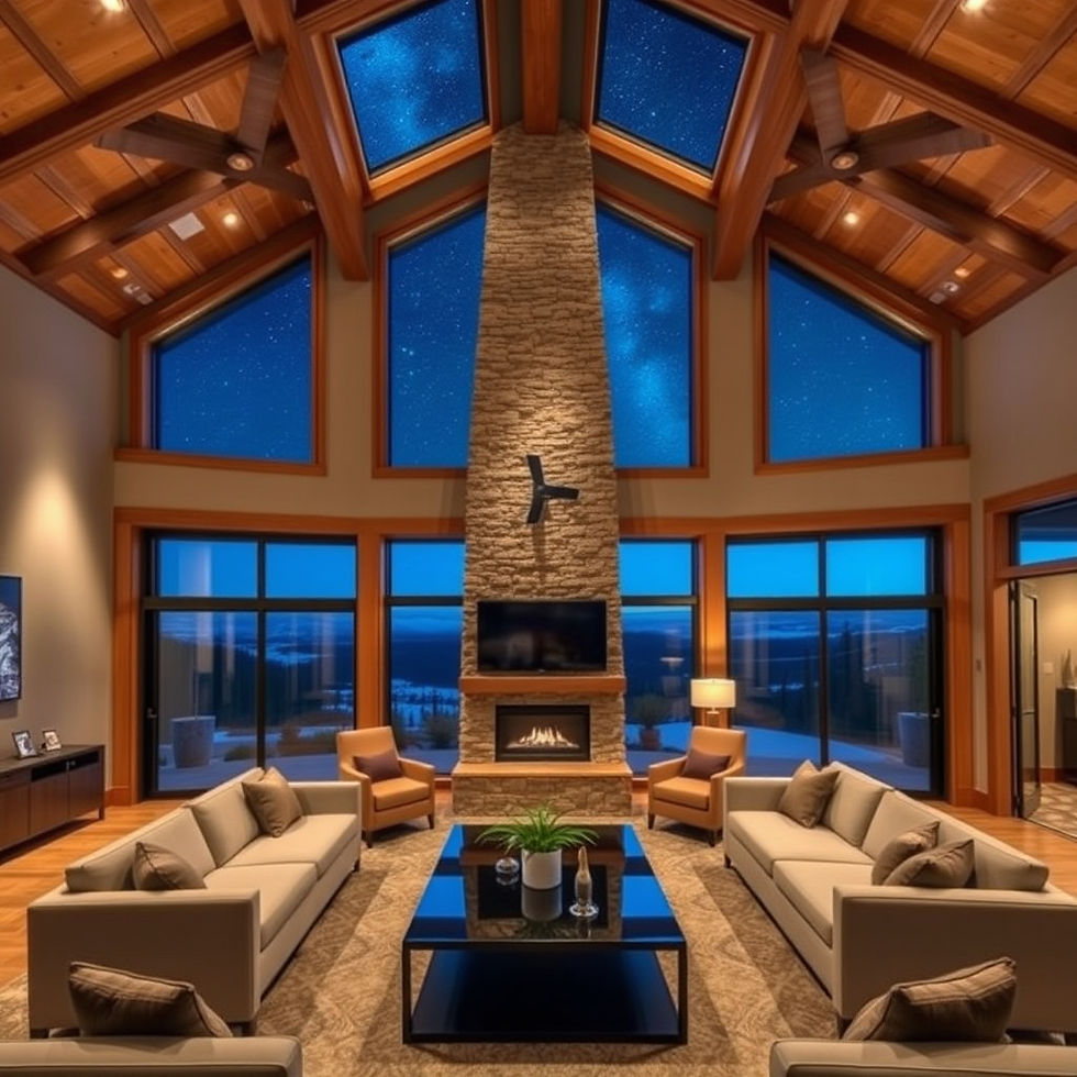 Cozy living room with a tall stone fireplace, beige sofas, and a black coffee table. Large windows show a starry night sky. Warm lighting.
