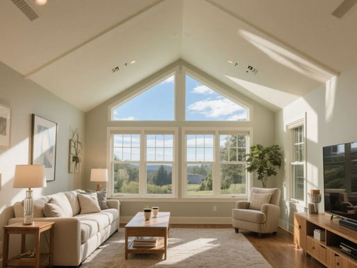 Bright living room with a sofa, armchair, and coffee table. Large windows reveal a sunny landscape. Soft colors create a serene mood.