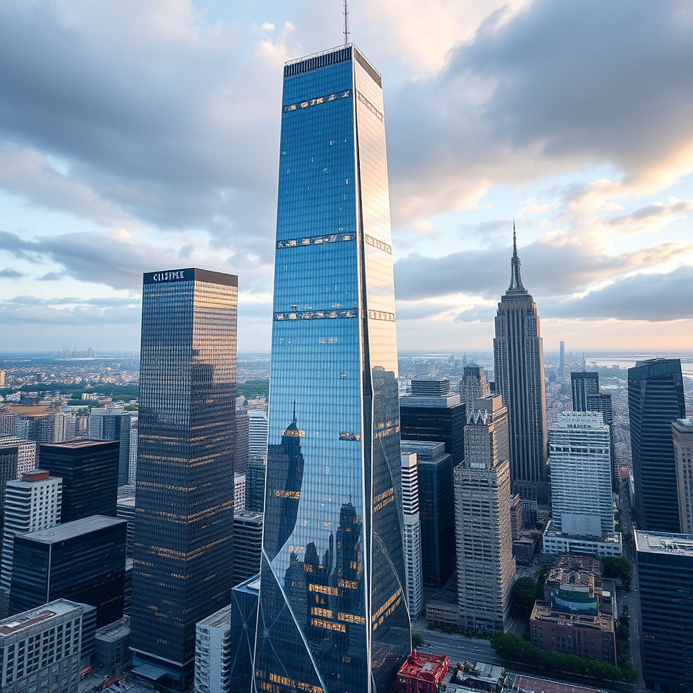 Skyscrapers in a cityscape at sunset, with reflective glass facades. The sky features scattered clouds and a warm, serene atmosphere.
