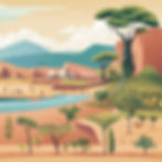 People walking near a river in a desert landscape with cliffs, trees, and distant buildings. Soft pastel colors create a serene mood.