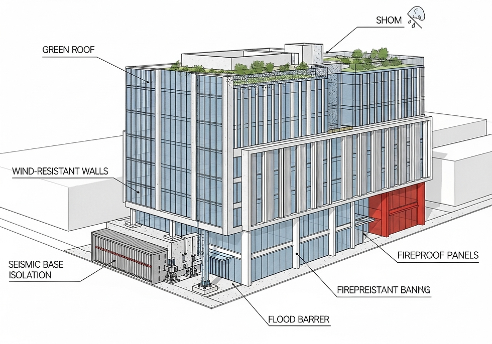 Illustration of a modern building with green roof, wind-resistant walls, seismic base isolation, flood barrier, and fireproof panels labeled.