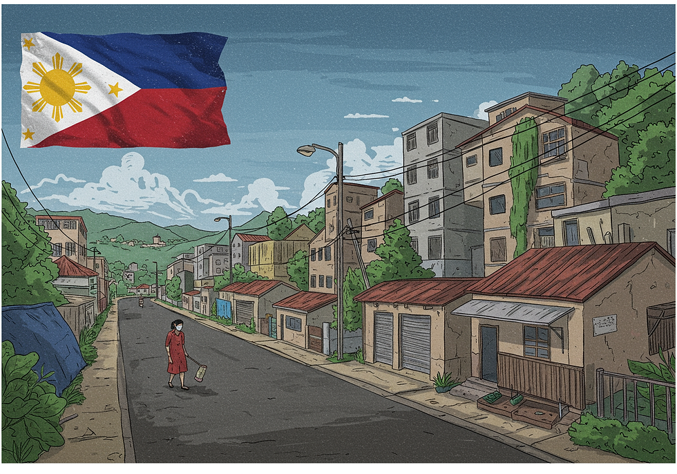 A woman in a red dress walks down a quiet street with houses and hills in the background. The Philippine flag waves in the blue sky.