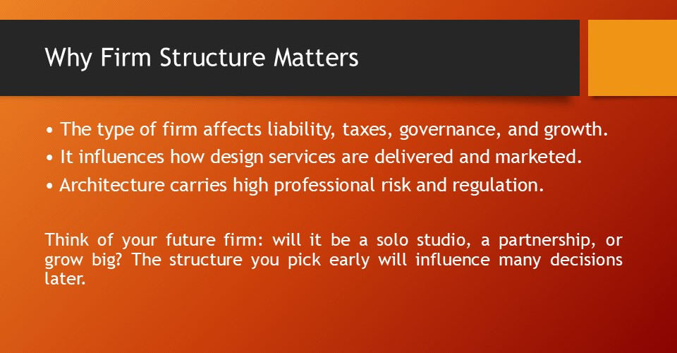 Presentation slide titled 'Why Firm Structure Matters' explaining that firm type affects liability, taxes, governance, and growth, influences design service delivery and marketing, and that architecture carries high professional risk and regulation. It prompts the audience to consider their future firm structure: solo, partnership, or large firm, and its long-term implications