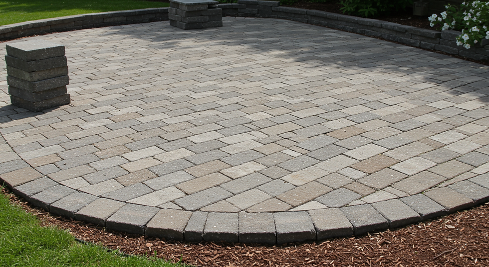 Brick patio with stacked stone columns, surrounded by garden beds and green grass. The scene is calm with natural tones.