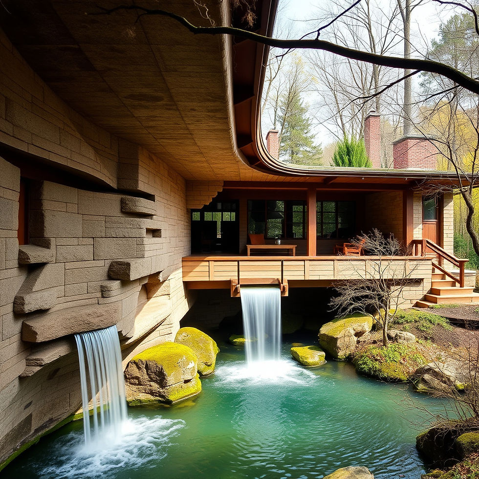 Modern house with stone walls and a wooden deck overhanging a pond. Two waterfalls flow into the clear water, surrounded by rocks.