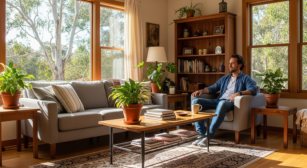 Man sitting in a bright living room, surrounded by plants, books, and a cozy sofa. Warm wood tones and sunlight create a relaxed mood.