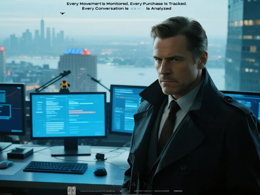 A man in a trench coat stands serious in a high-tech office with multiple monitors. Cityscape is visible through the window. Text reads: "Every...".
