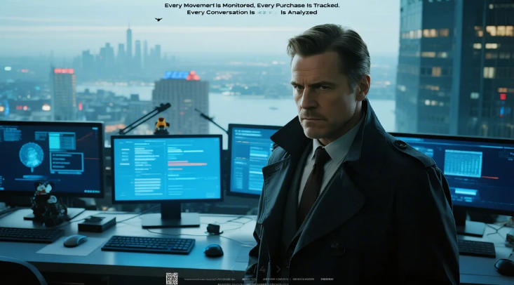 A man in a trench coat stands serious in a high-tech office with multiple monitors. Cityscape is visible through the window. Text reads: "Every...".