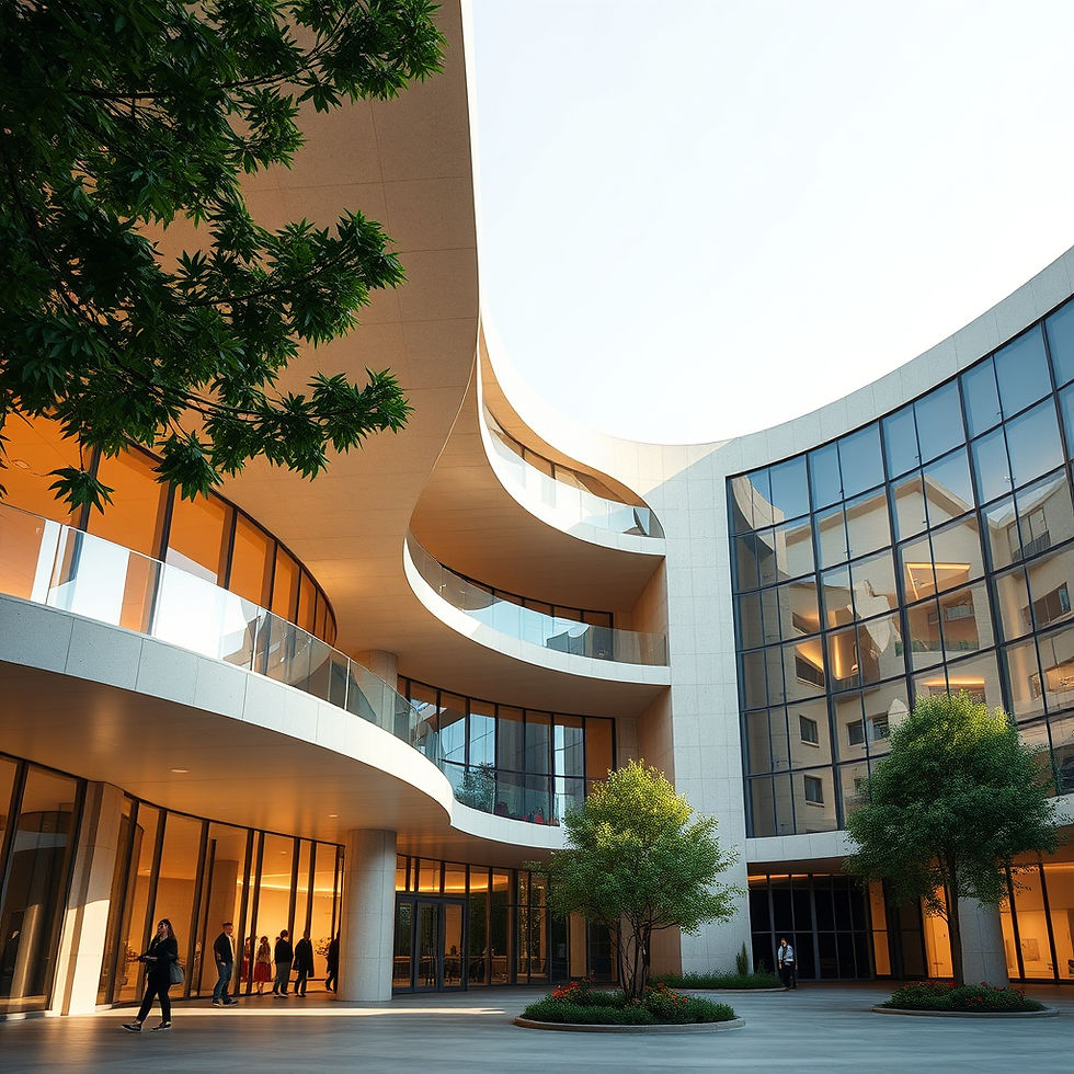 Modern curved building with glass facade, people walking below. Warm interior lights, trees, and clear sky create a calm, inviting mood.