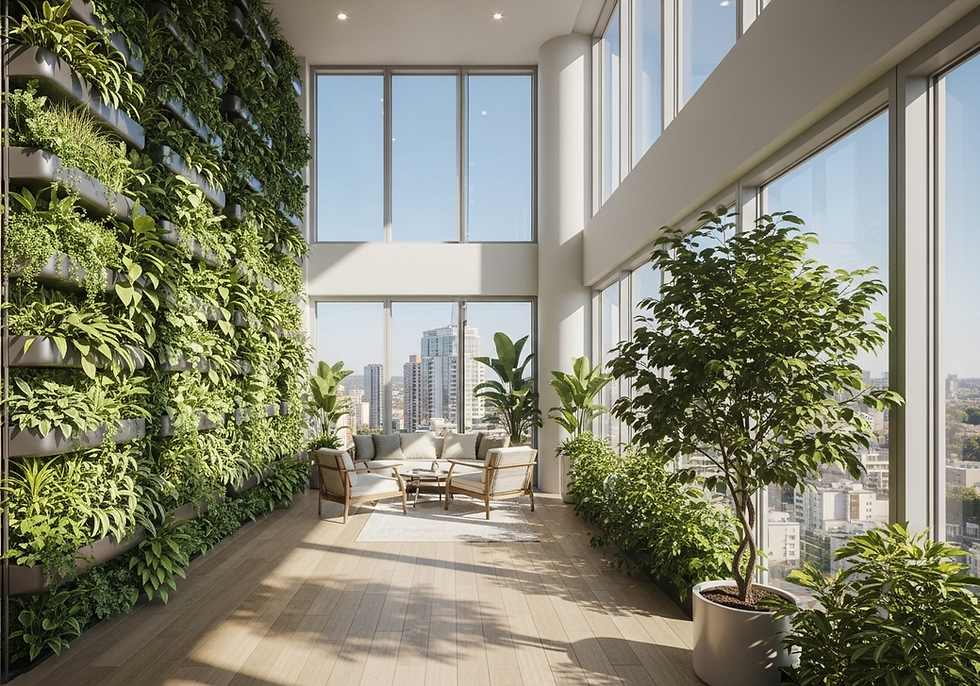 Bright room with a green wall, large windows, and city view. Cozy seating area with potted plants. Natural and relaxing ambiance.