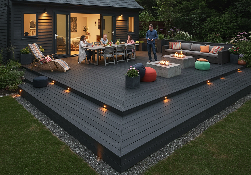 People enjoy a meal on a dark wooden deck with fire pits, colorful seating, and outdoor lighting. The mood is relaxed and inviting.
