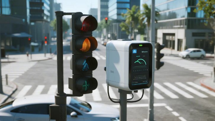 Traffic light with red, yellow, and green illuminated at city intersection. Nearby is a tech device displaying a digital screen. Daytime scene.