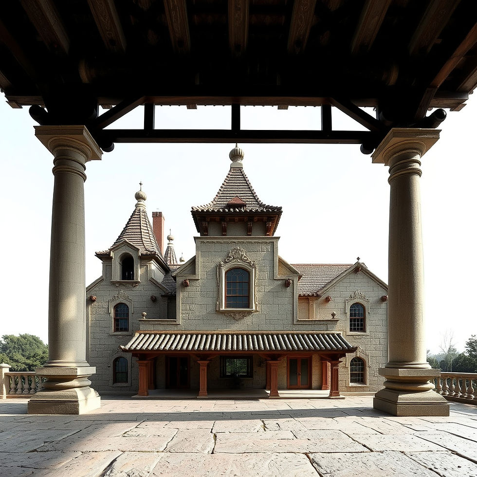 Stone mansion with ornate roofs and arched windows viewed between two large columns. Sunlit terrace and clear sky create a serene atmosphere.