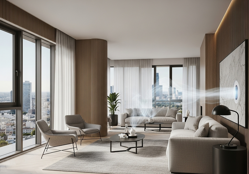 Modern living room with gray sofas, chairs, and a coffee table. Light wood and marble decor. Cityscape view; serene, airy atmosphere.