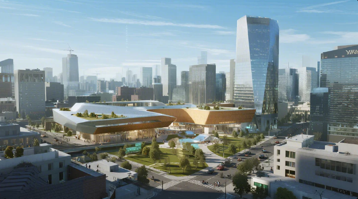 Modern cityscape featuring a futuristic building with green spaces, surrounded by skyscrapers under a clear blue sky. Urban and vibrant mood.