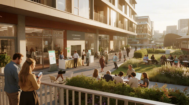 People socialize and dine outdoors in a modern courtyard. Sunny, relaxed atmosphere with lush greenery. "C3T Associates" text visible.