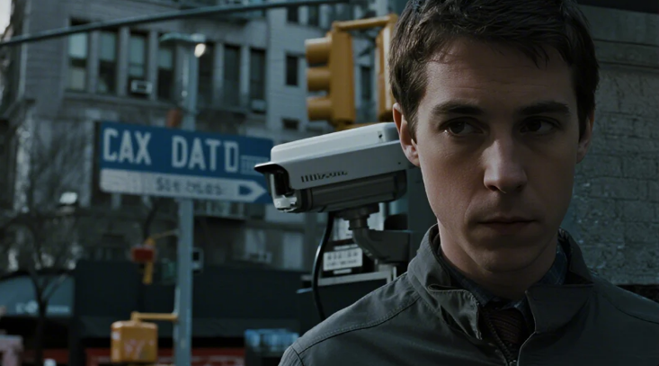 A man stands near a security camera in an urban setting with traffic lights and blurred signs. The mood is tense and watchful.
