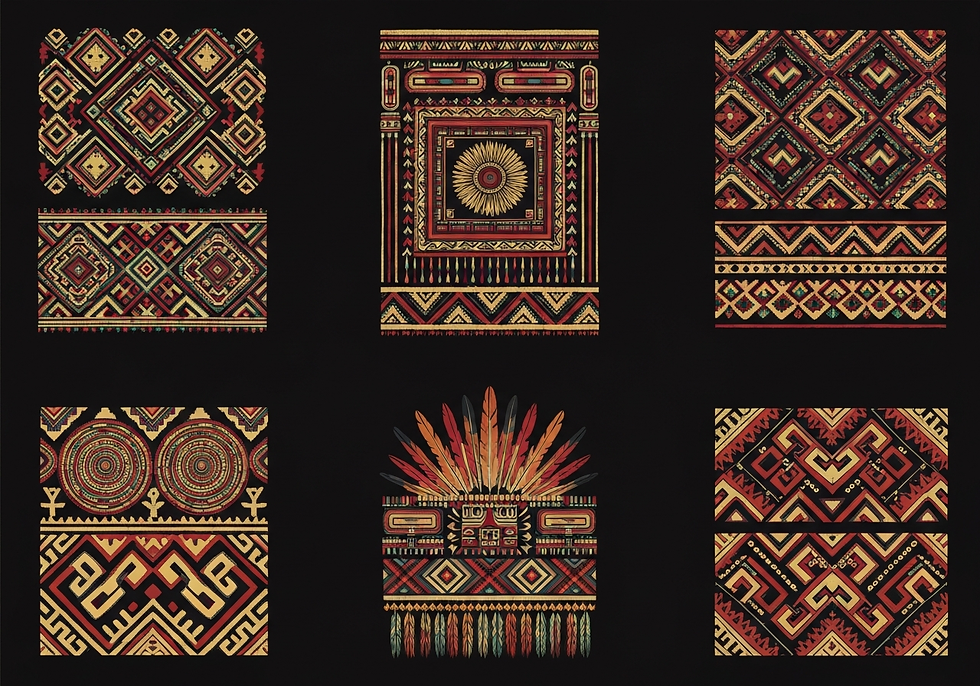 Geometric patterns in red, yellow, and black on a dark background. Features diamonds, sun motif, feathers, and intricate tribal designs.