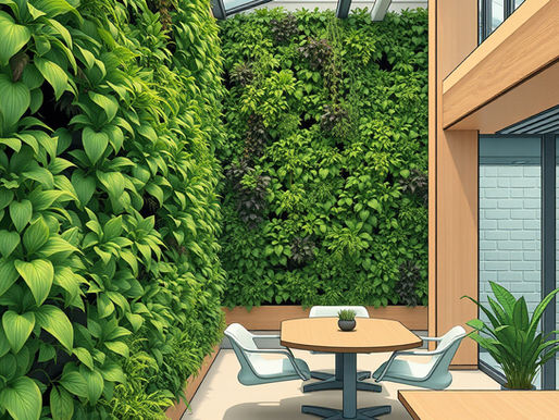 Modern room with vertical garden walls, a round table, chairs, and skylight. Lush greenery creates a fresh, serene atmosphere.