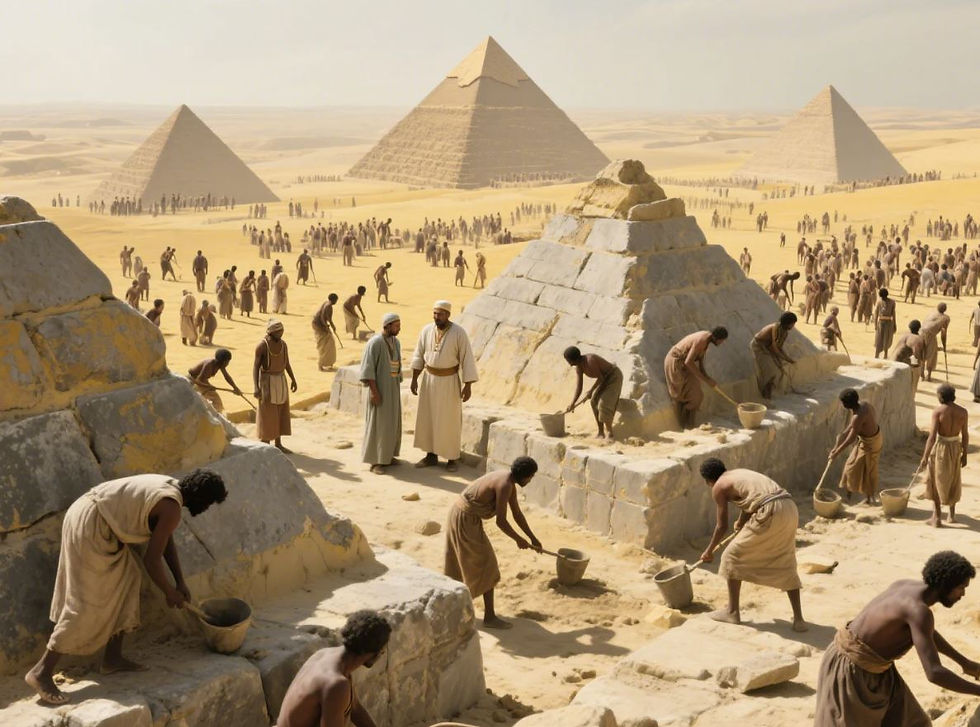Ancient workers construct pyramids in a desert. People in robes watch. Sand and stone dominate the scene under a clear sky.