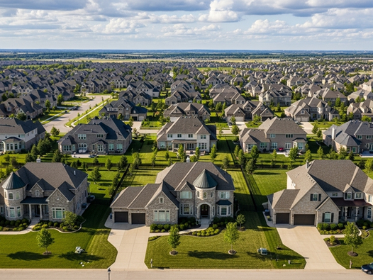 Aerial view of a suburban neighborhood with rows of similar houses, green lawns, and cars on driveways under a cloudy sky.