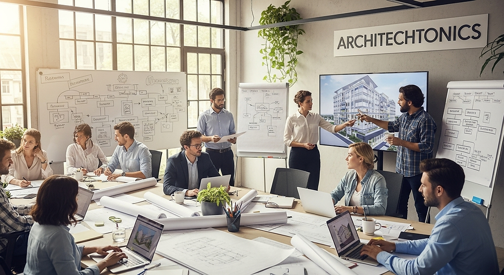 A team in a bright office discusses blueprints. Two people present a building design on a screen. Whiteboards display flowcharts.